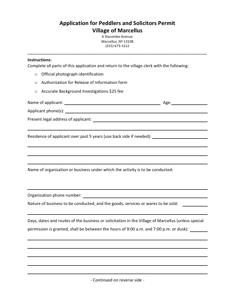 First page of the Peddlers and Solicitors Permit Application