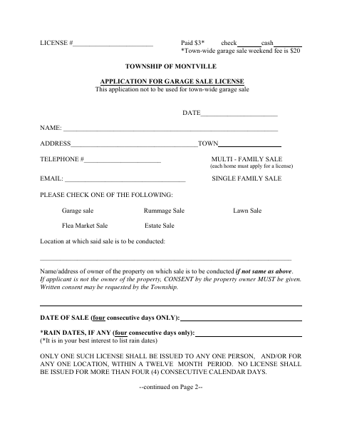 First page of the Application for Garage Sale License