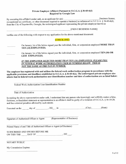First page of the Private Employer Affidavit