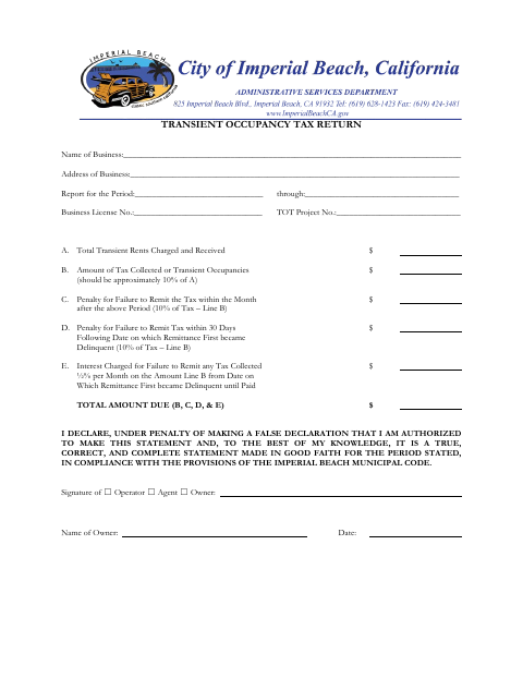 First page of the Transient Occupancy Tax Return