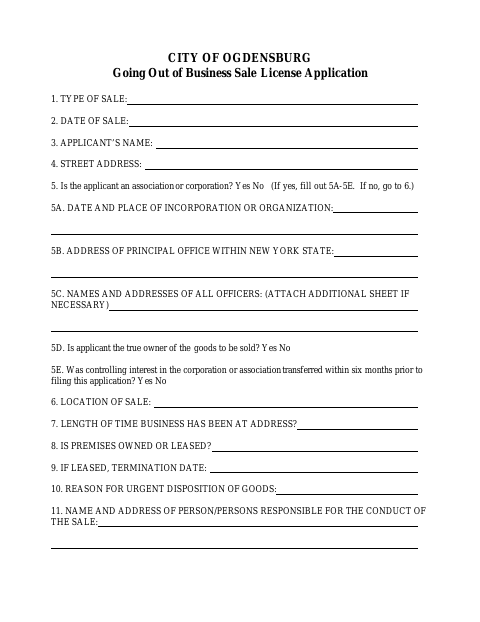 First page of the Going Out of Business Sale License Application