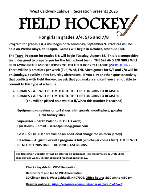 First page of the Field Hockey Registration