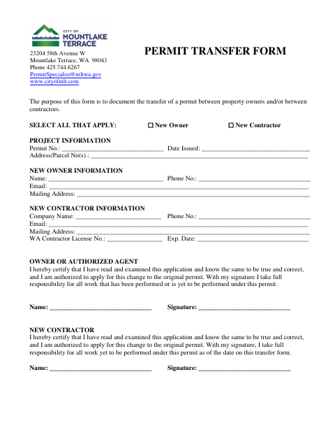 First page of the Permit Transfer Form