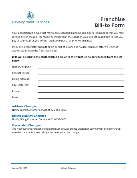 First page of the Franchise Bill-to Form