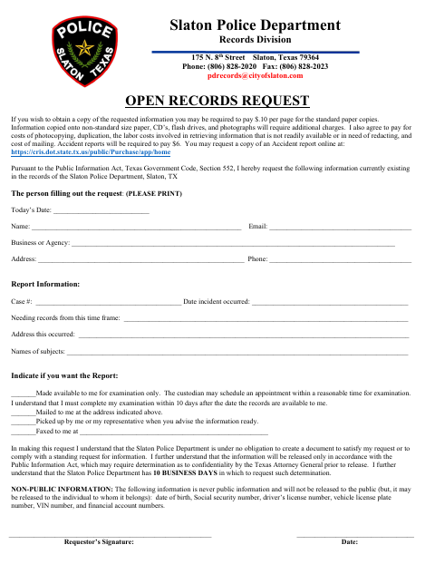 First page of the Open Records Request