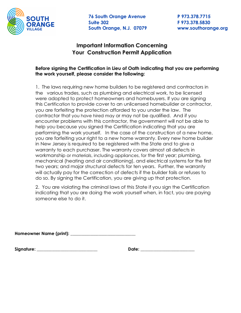 First page of the Homeowner Work Certificate