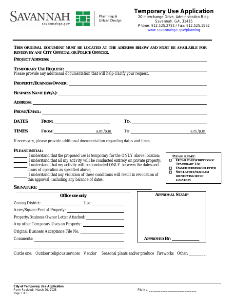 First page of the Temporary Use Application