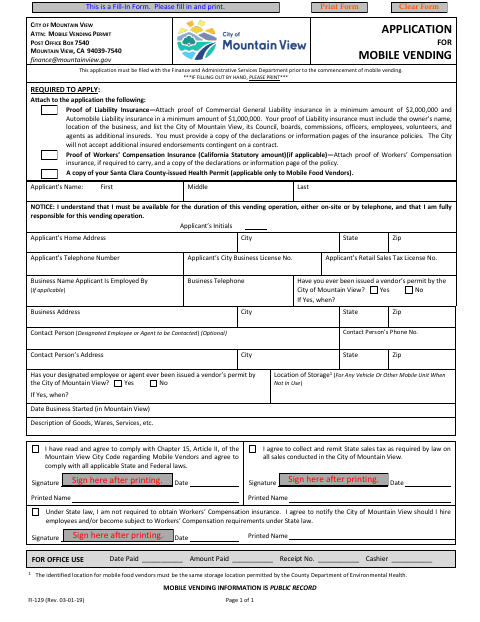 First page of the Application for Mobile Vending