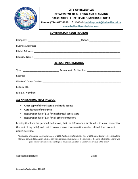 First page of the Contractor Registration