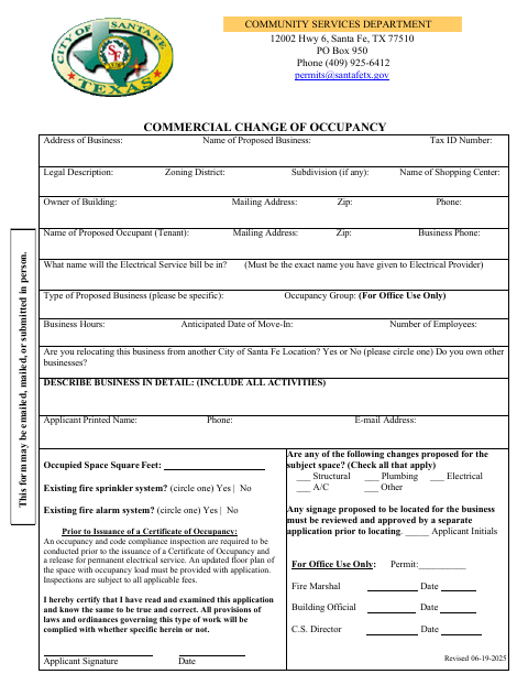 First page of the Commercial Change of Occupancy