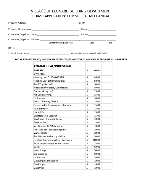 First page of the Commercial Mechanical Permit Application