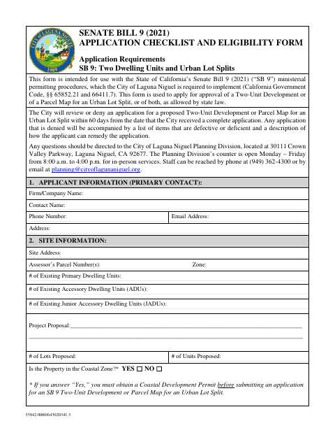 First page of the Senate Bill 9 Application Checklist and Eligibility Form