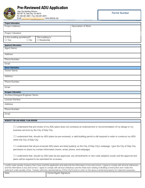 First page of the Pre-Reviewed ADU Application