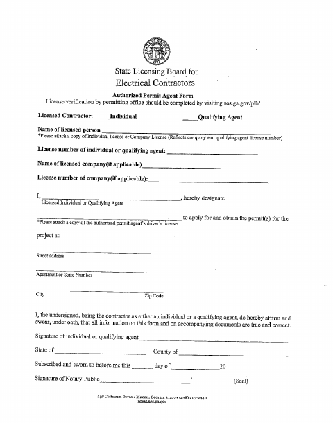 First page of the Electrical Contractor Authorized Permit Agent Form