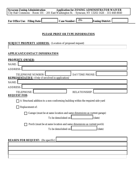 First page of the Application for Zoning Administrator Waiver