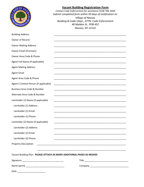 First page of the Vacant Building Registration Form