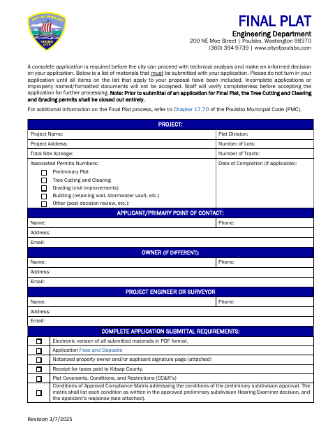 First page of the Final Plat Application