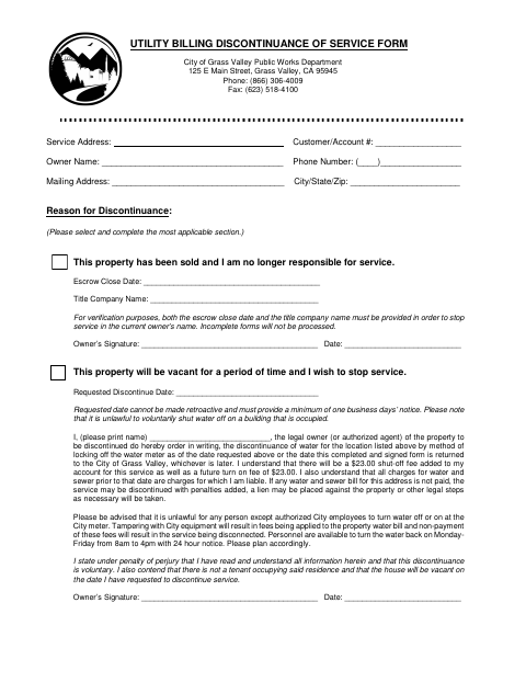 First page of the Utility Billing Discontinuance of Service Form