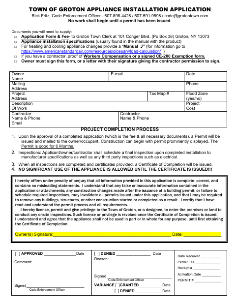 First page of the Appliance Installation Application