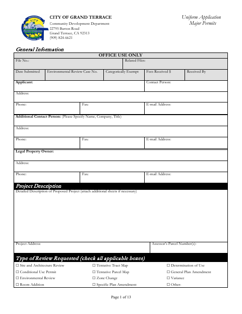 First page of the Uniform Application Major Permits