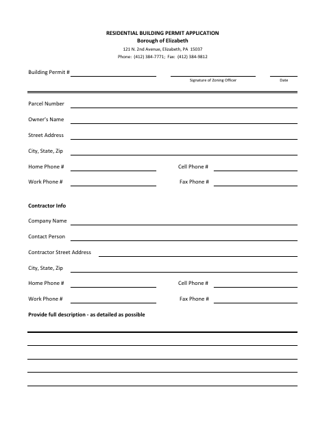 First page of the Residential Building Permit Application