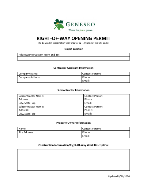 First page of the Right-of-Way Opening Permit