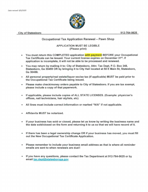 First page of the Pawn Shop Occupational Tax Renewal Application