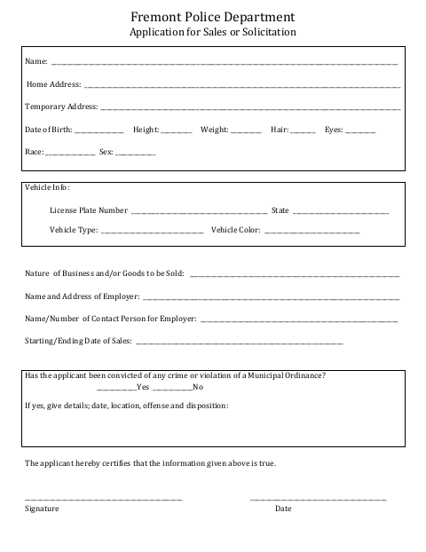 First page of the Application for Sales or Solicitation
