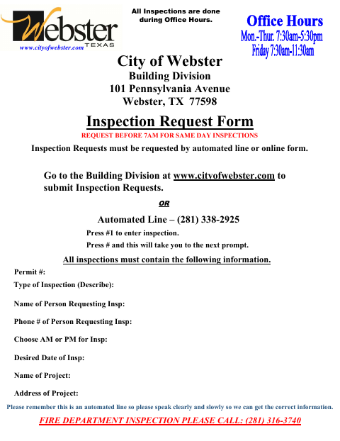 First page of the Inspection Request Form