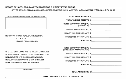 First page of the Report of Hotel Occupancy Tax Form
