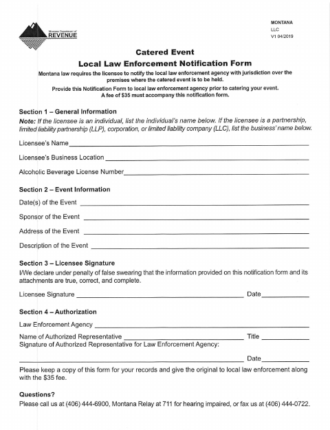 First page of the Catered Event Law Enforcement Notification