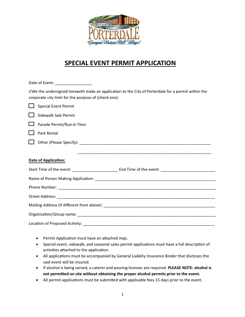 First page of the Special Event Permit Application