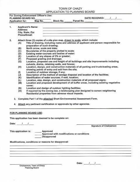 First page of the Application to Planning Board