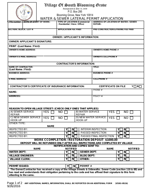 First page of the Water & Sewer Lateral Permit Application