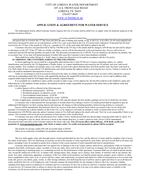 First page of the Application & Agreement for Water Service