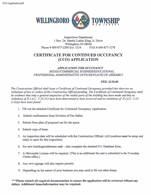 First page of the Certificate for Continued Occupancy Application
