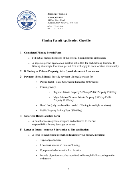 First page of the Filming Permit Application and Hold Harmless Agreement