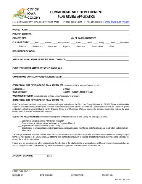 First page of the Commercial Site Development Plan Review Application