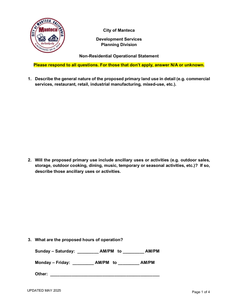 First page of the Non-Residential Operational Statement