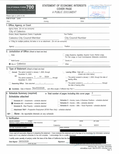 First page of the Statement Of Economic Interests (Form 700)