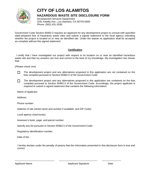 First page of the Hazardous Waste Site Disclosure Form