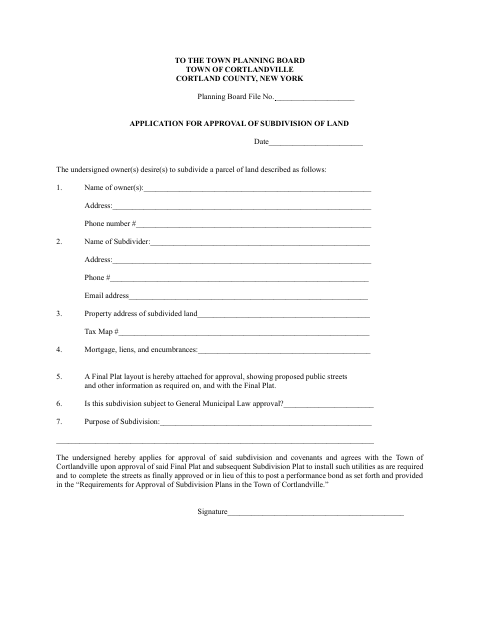 First page of the Application for Approval of Subdivision of Land