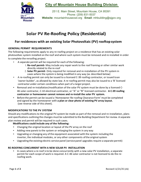 First page of the Solar PV Re-Roofing Policy (Residential)