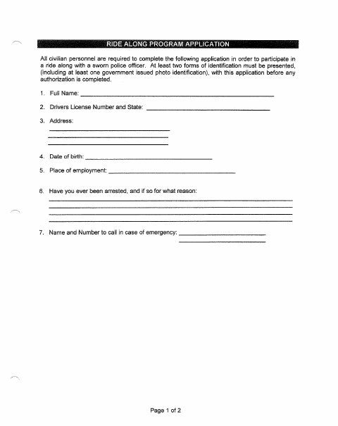 First page of the Ride Along Application and Liability Waiver