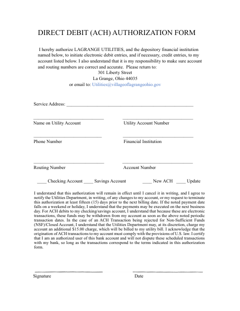 First page of the Direct Debit (ACH) Authorization Form