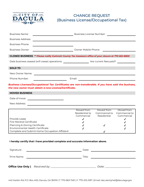 First page of the Business License Change Request