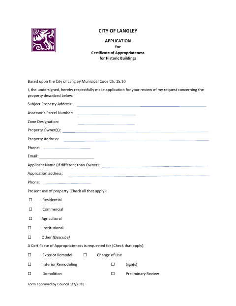 First page of the Certificate of Appropriateness Application