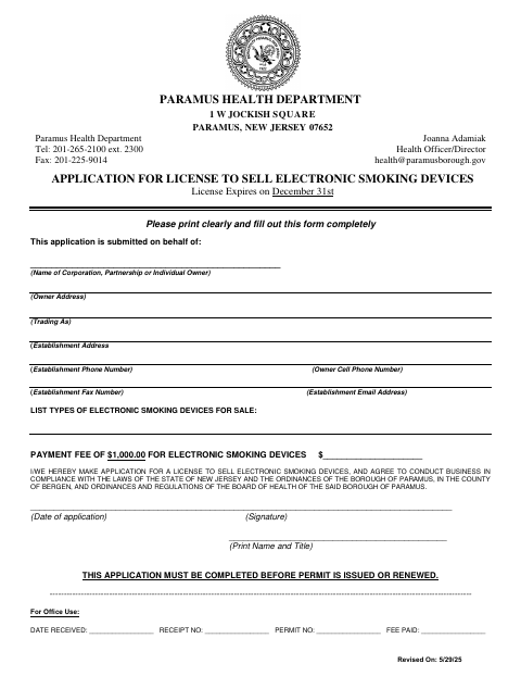 First page of the Application for License to Sell Electronic Smoking Devices
