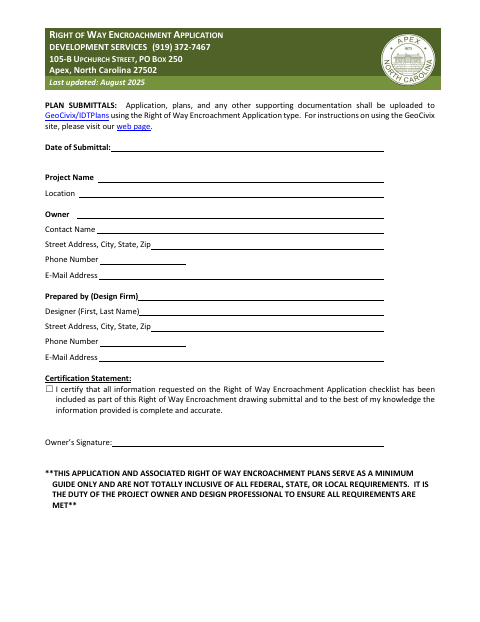 First page of the Right of Way Encroachment Application