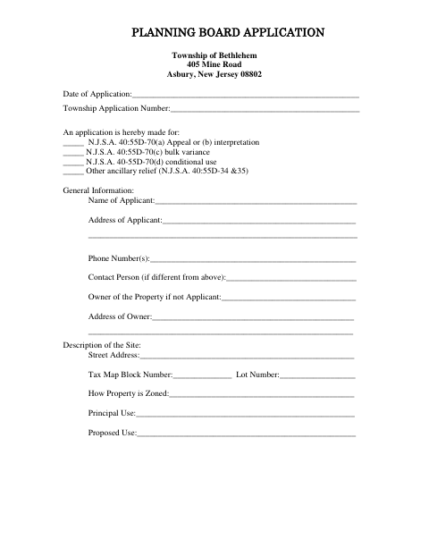 First page of the Planning Board Variance Application